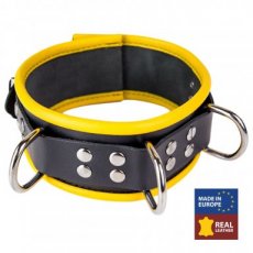 Leather Collar - 3 D Rings - Black/Yellow